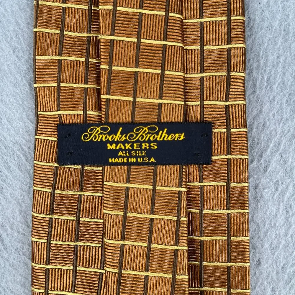Brooks Brothers Silk Makers Necktie Gold Check Made In USA Tie